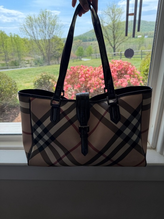 Burberry Handbags - Burberry Beige Plaid Tote with Black Trim
